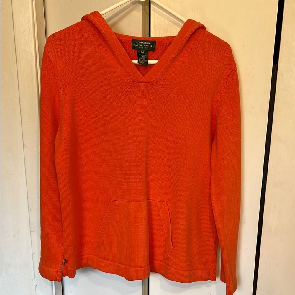 Lauren Ralph Lauren Orange Knit Hoodie Petite Pullover Cotton Preppy Y2K Beach